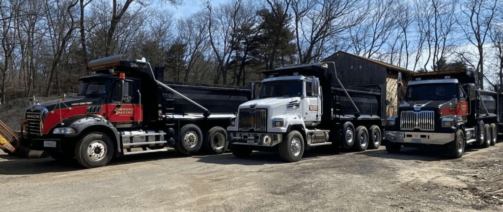 Dump trucks parked on a construction site